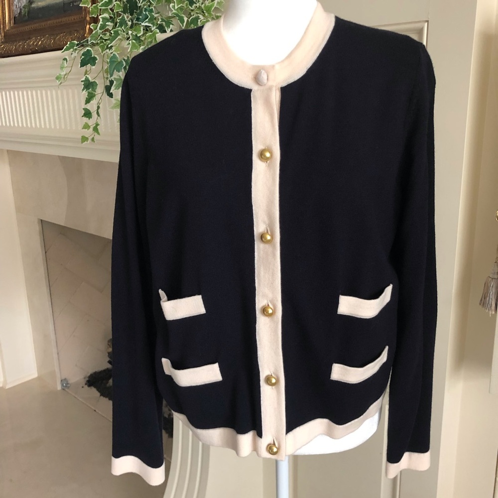 Tory Burch Kendra Cardigan Navy With Contrasting Cream Trim Size L - Picture 5 of 15